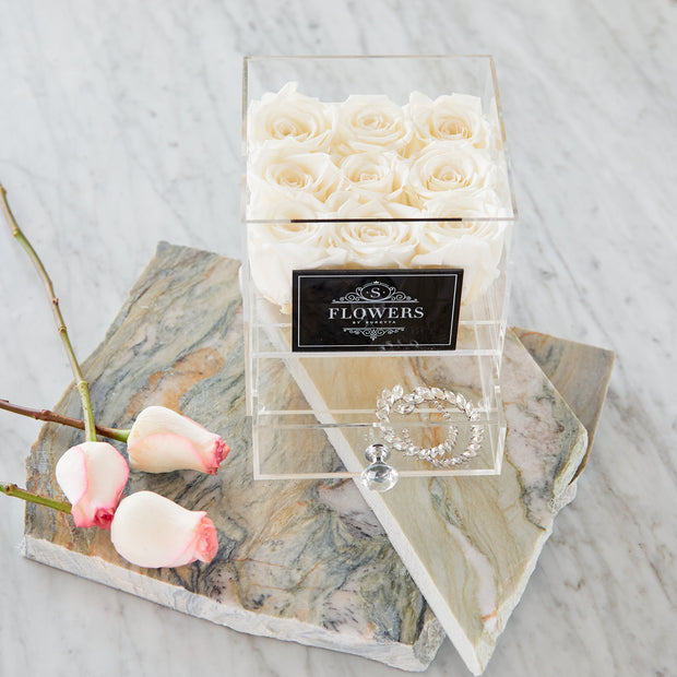 Acrylic Box with White Long Lasting Roses